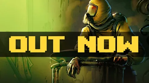 Hazard Pay key art: a hazmat worker leaning on a barrel, under the words Out Now