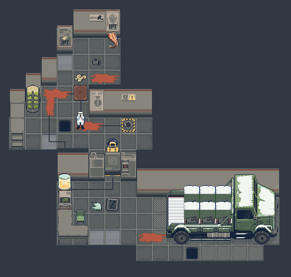 A Hazard Pay level layout: lab rooms with a hazmat cleaner, blood stains and a parked cargo truck